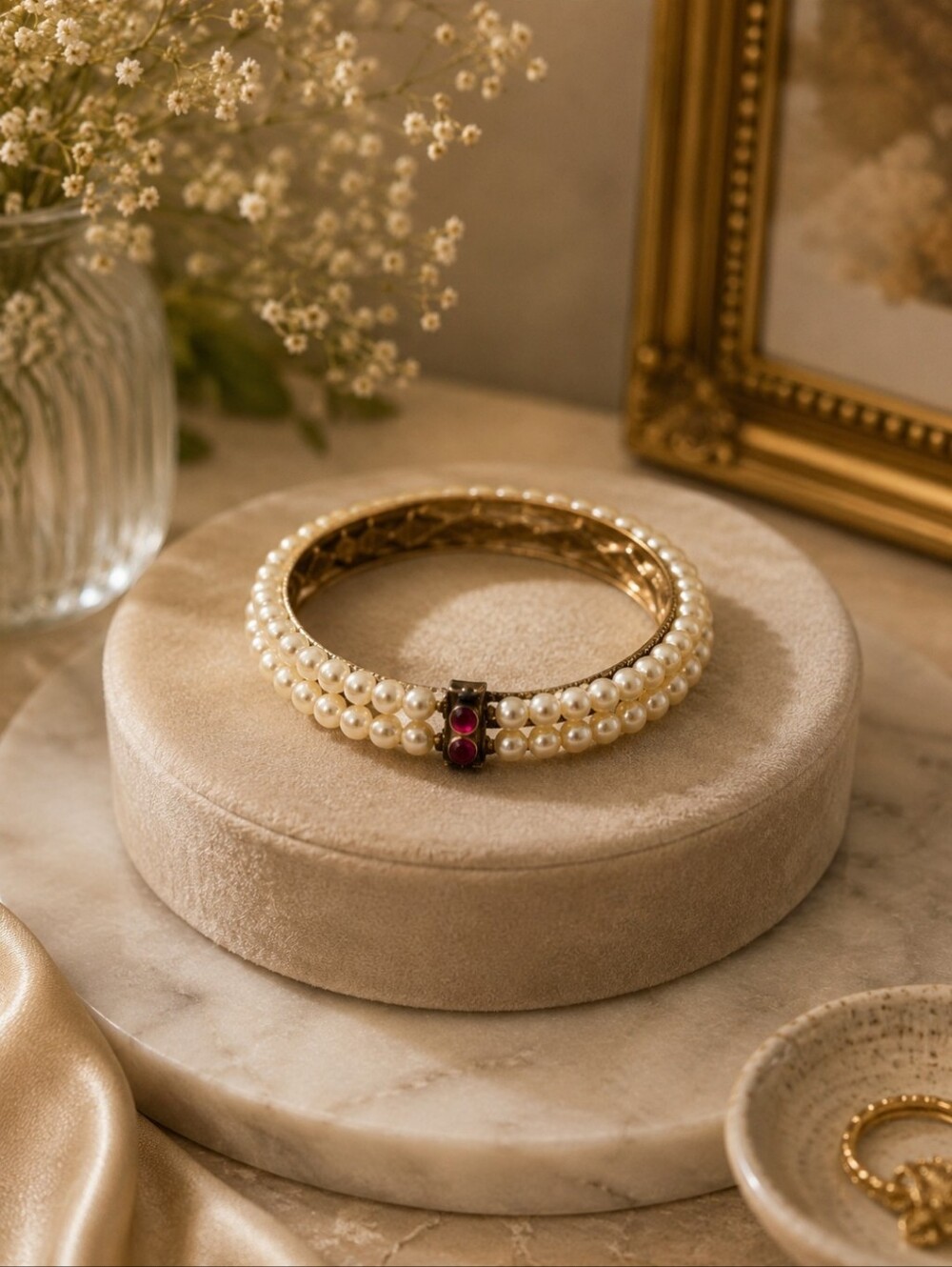 Pearl and Ruby Accent Bracelet - Pearl White